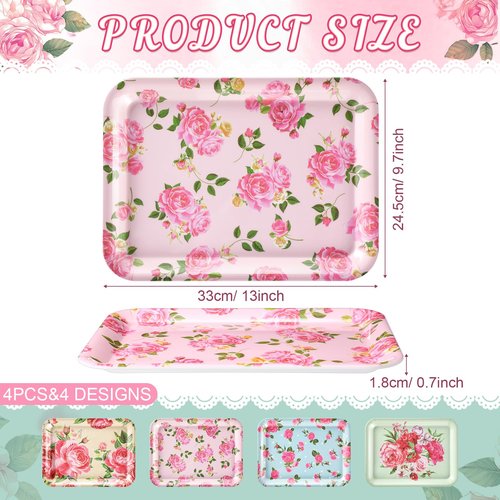 Tiangrid 4 Pcs Melamine Serving Trays Platters Snack Trays Reusable Rectangle Platters for Sports Game Day Flower Tea Party Food Dessert Cookies Serving Plates Supplies, 13 x 9.7 Inch(Flower)
