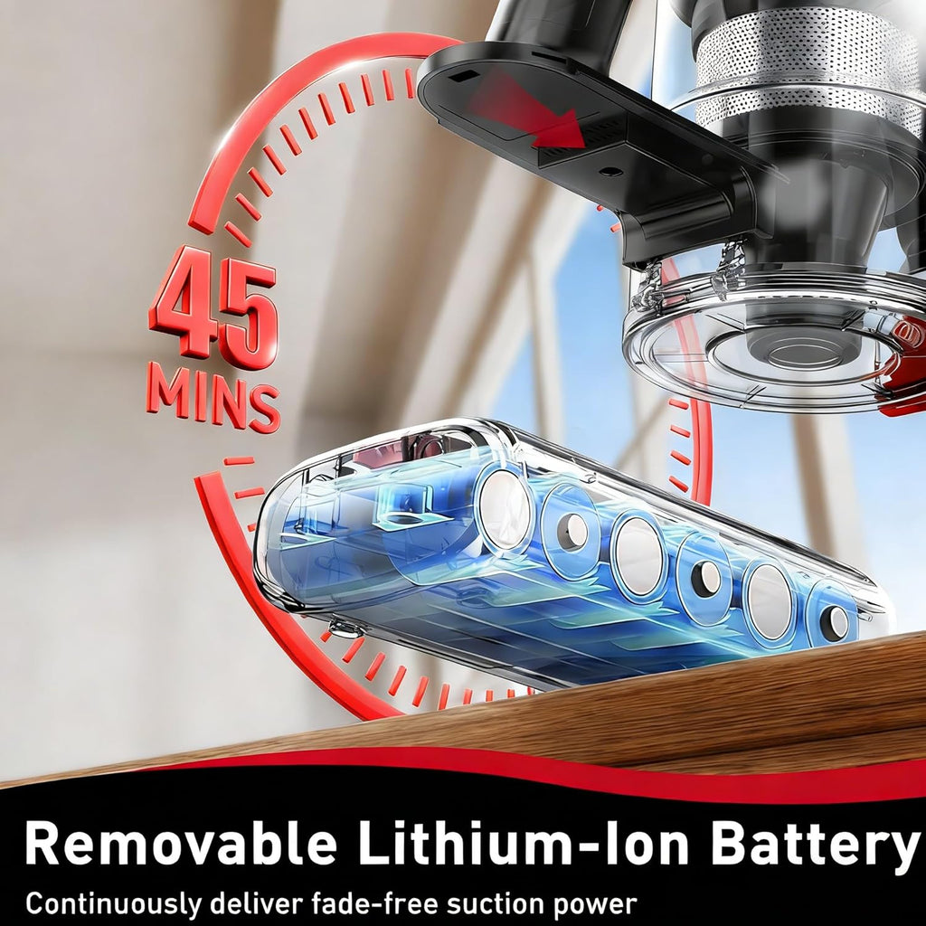 Skiennix Cordless Vacuum Cleaner - 45KPA Powerful Suction, 45Mins Runtime | 8-in-1 Anti-Tangle Design for Home & Pet Hair