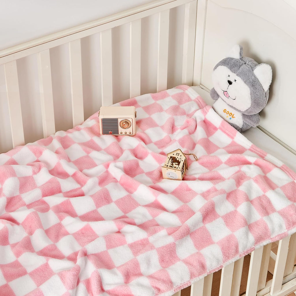 Yurhap Checkered Baby Blanket - Pink Fleece for Girls & Boys | Lightweight & Warm 30''x40''