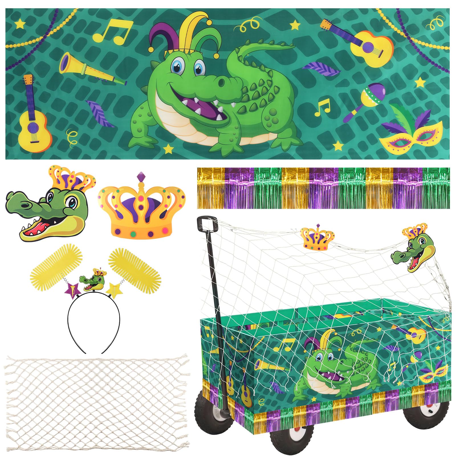 Saypacck 6 Pcs Mardi Gras Wagon Float Decoration Set 1 Crocodile Cloth 1 Crown 1crocodile Head 1beige Cotton Twine Net 1purple Golden Rain Curtain 1felt Hairband for Carnival Float Parade Party Supply