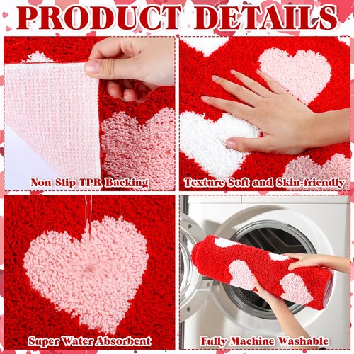 Drydiet Valentines Day Bathroom Rugs Heart Tufted Galentine Day Bathroom Mats Non Slip Absorbent Shower Rug Soft Front Door Mat Washable Bath Decor for Anniversary Home Bedroom, 29.5 x 19.7 Inch