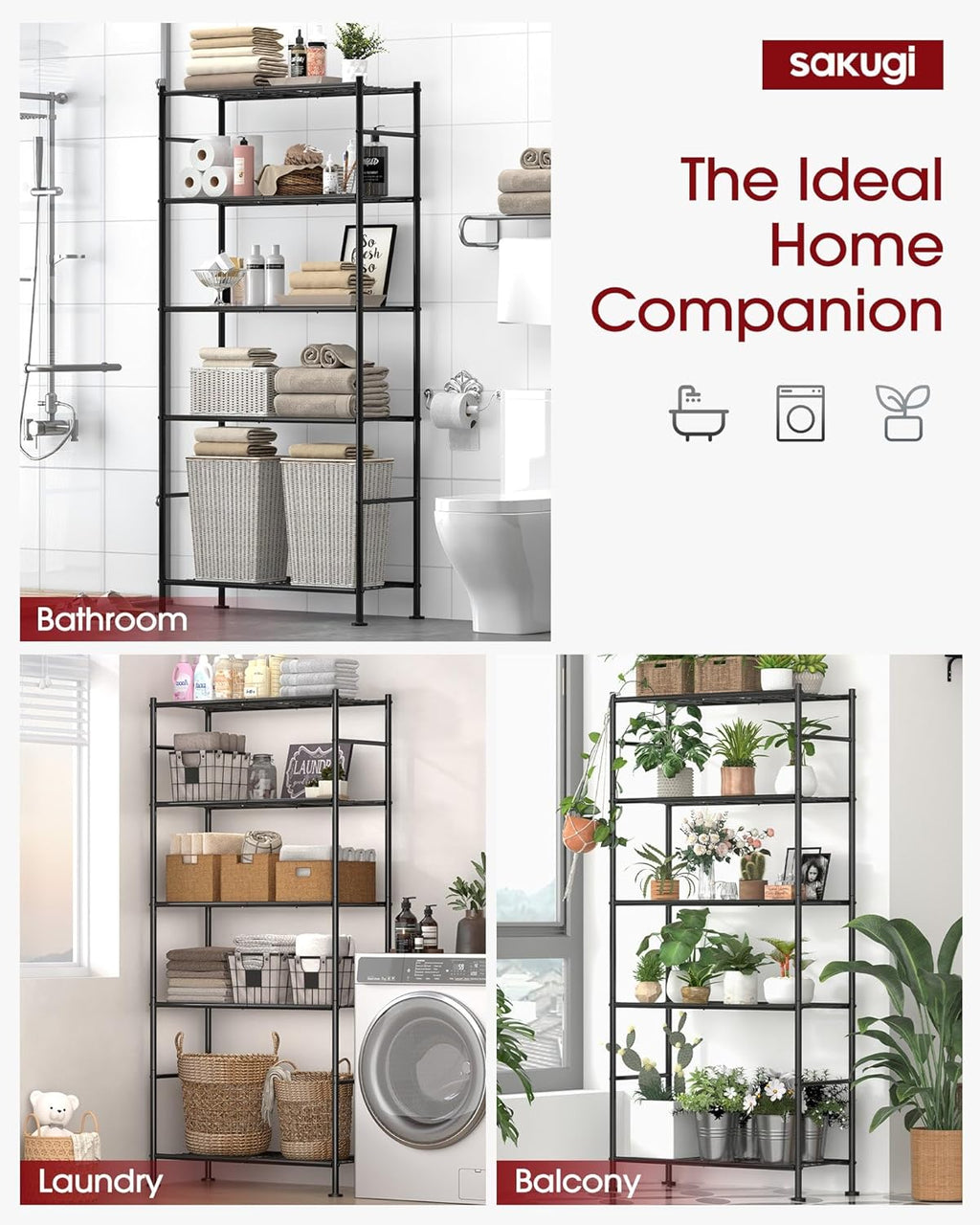 Sakugi Storage Shelves - Heavy Duty 5-Tier Shelf Organizer for Garage, Kitchen & Pantry | 33" W x 12.6" D x 72" H, Black