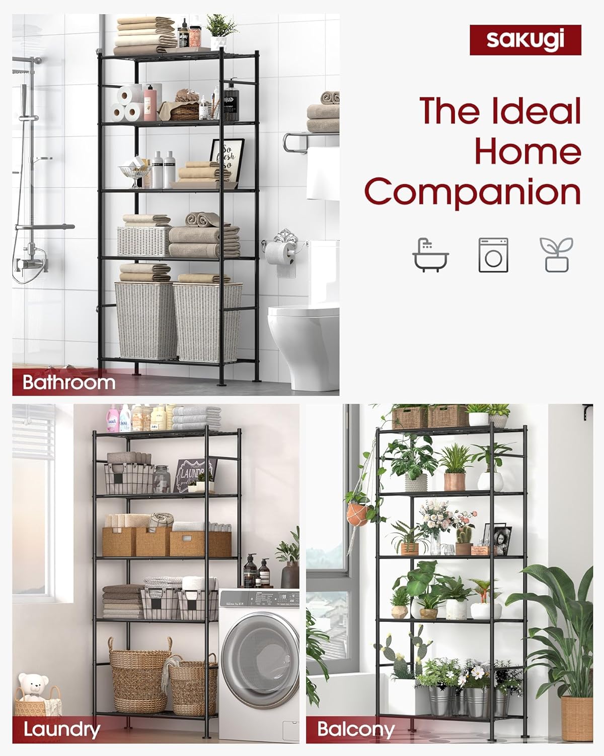 Sakugi Storage Shelves - Heavy Duty 5-Tier Shelf Organizer for Garage, Kitchen & Pantry | 33" W x 12.6" D x 72" H, Black
