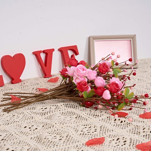 MAINGKAUNG Valentines Day Decorations 12 Pack Valentines Day Artificial Flowers 17 Inch Valentine's Picks with Red Roses Flower Pink Love Heart Berries for Valentine Wedding Anniversary Party Decor