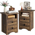 YESHOMY Nightstand Set of 2, Farmhouse Night Stand with 2 Storage Drawers and Open Shelf, Bedside Tables for Bedroom Small Space, Rustic Brown