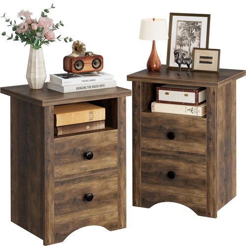 YESHOMY Nightstand Set of 2, Farmhouse Night Stand with 2 Storage Drawers and Open Shelf, Bedside Tables for Bedroom Small Space, Rustic Brown