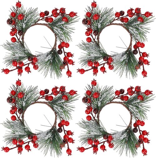 Christmas Candle Rings - Decorative Wreath Garland for 3" Pillar Candles | Red Berry Accents for Holiday Centerpieces