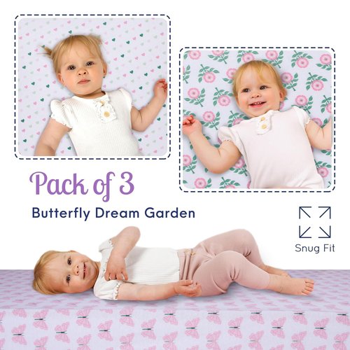 GROW WILD Crib Sheets 3 Pack - Soft & Stretchy Jersey Cotton Fitted Baby Crib Sheets for Girls, Cute Toddler Bed Sheets for Baby Girl (Hearts & Flowers)