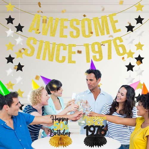 Zirtorei 50th Birthday Decorations Awesome Since 1976 Banner for Men Women, 4Pcs Black Gold 50 Birthday Hanging Sign Party Supplies, Fifty Year Old Bday Table Honeycomb Centerpieces