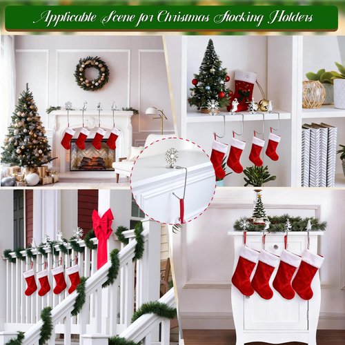 Christmas Stocking Holders for Mantel Set of 4, Non-Slip Adjustable Mantle Stocking Holders, Snowflake Snowman Reindeer Pine Tree Fireplace Stocking Hangers Set for Party Christmas Decorations
