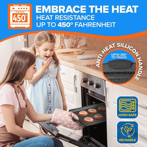 Emporio Kitchen Nonstick Baking Pan Set - Carbon Steel Bakeware with Red Silicone Handles | Oven Safe Up to 450°F, Set of 6