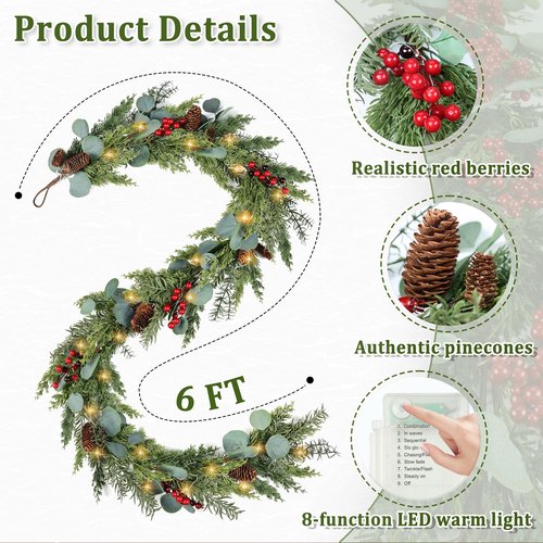 6ft Christmas Garland with Lights Artificial Cedar Cypress Garland with Pine Cones Garland for Home Fireplace Wall Indoor Outdoor Holiday Party Decoration