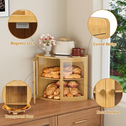 Trironsun Bamboo Corner Bread Box for Kitchen Counter with Acrylic Transparent Door Large Capacity Bread Holder Double Layer Bread Storage Container for Homemade Bread (Natural Bamboo)