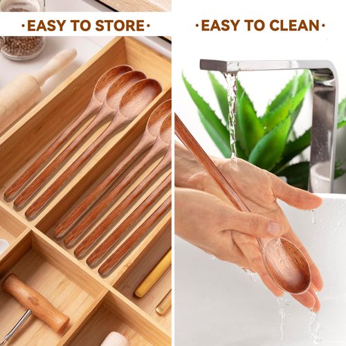 6 Pcs Wooden Spoons, 9 Inch Wood Soup Spoons for Cooking Mixing Eating,Oval Long Handle Spoon for Tea Jam Coffee Sugar Ice Cream and Bath Salts