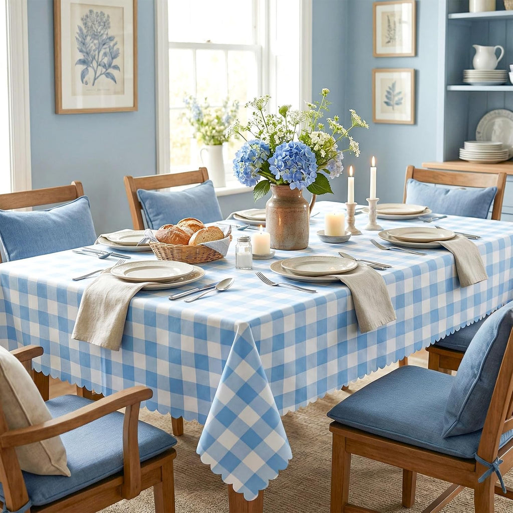 Skiennix Blue Gingham Tablecloths - 3 Pack | 54 x 108 Inch Scalloped Design for Parties & Events