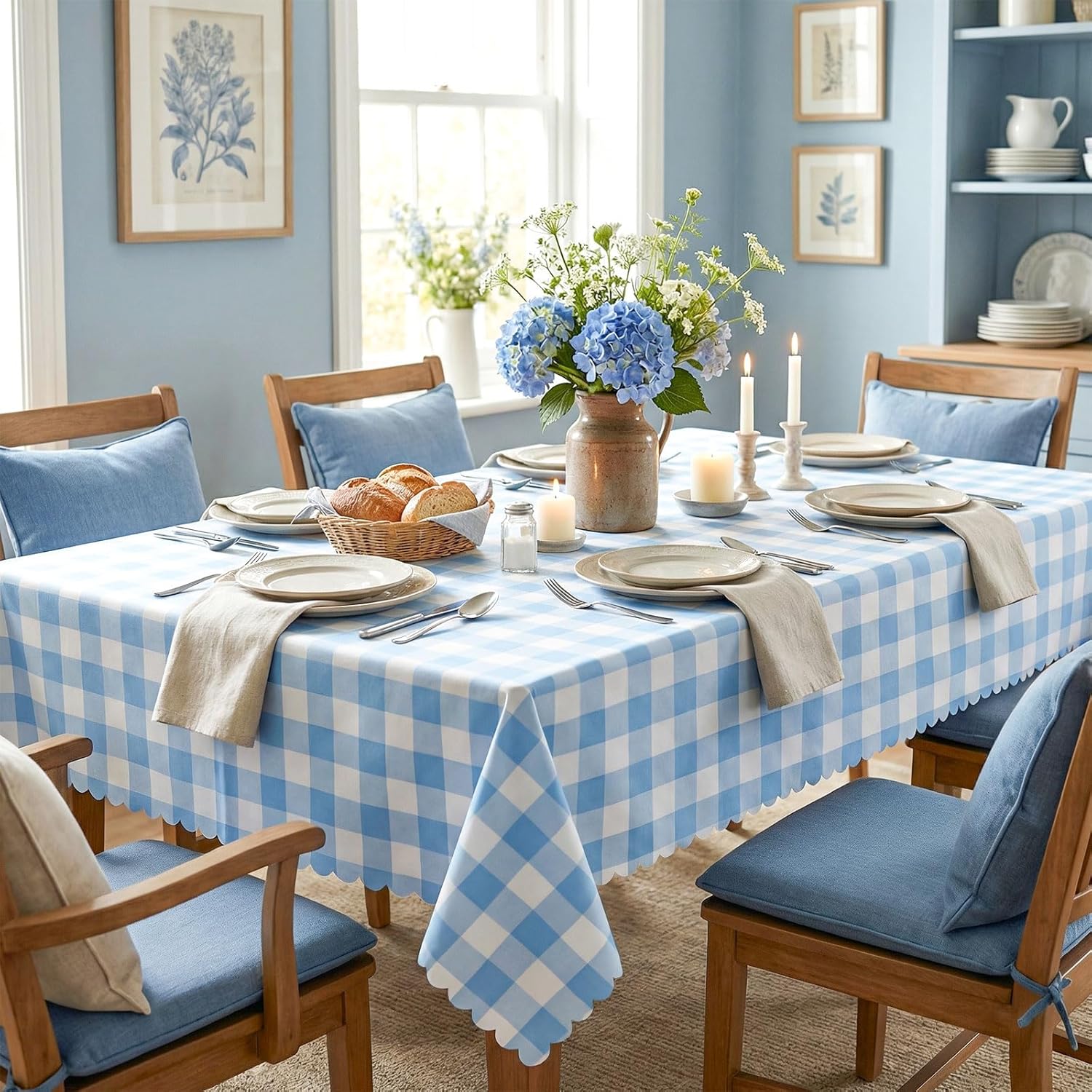 Skiennix Blue Gingham Tablecloths - 3 Pack | 54 x 108 Inch Scalloped Design for Parties & Events