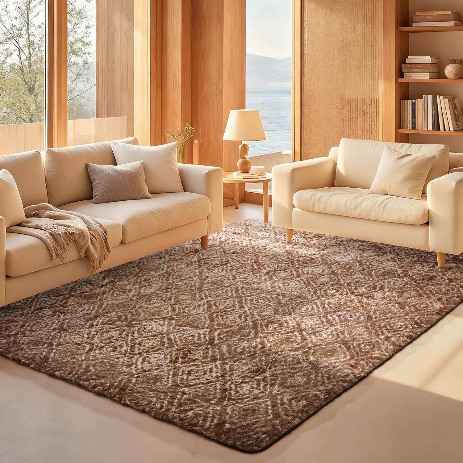 Ophanie Brown & White Diamond Striped Area Rug - Fluffy Shag Soft Carpet for Living Room 5x7