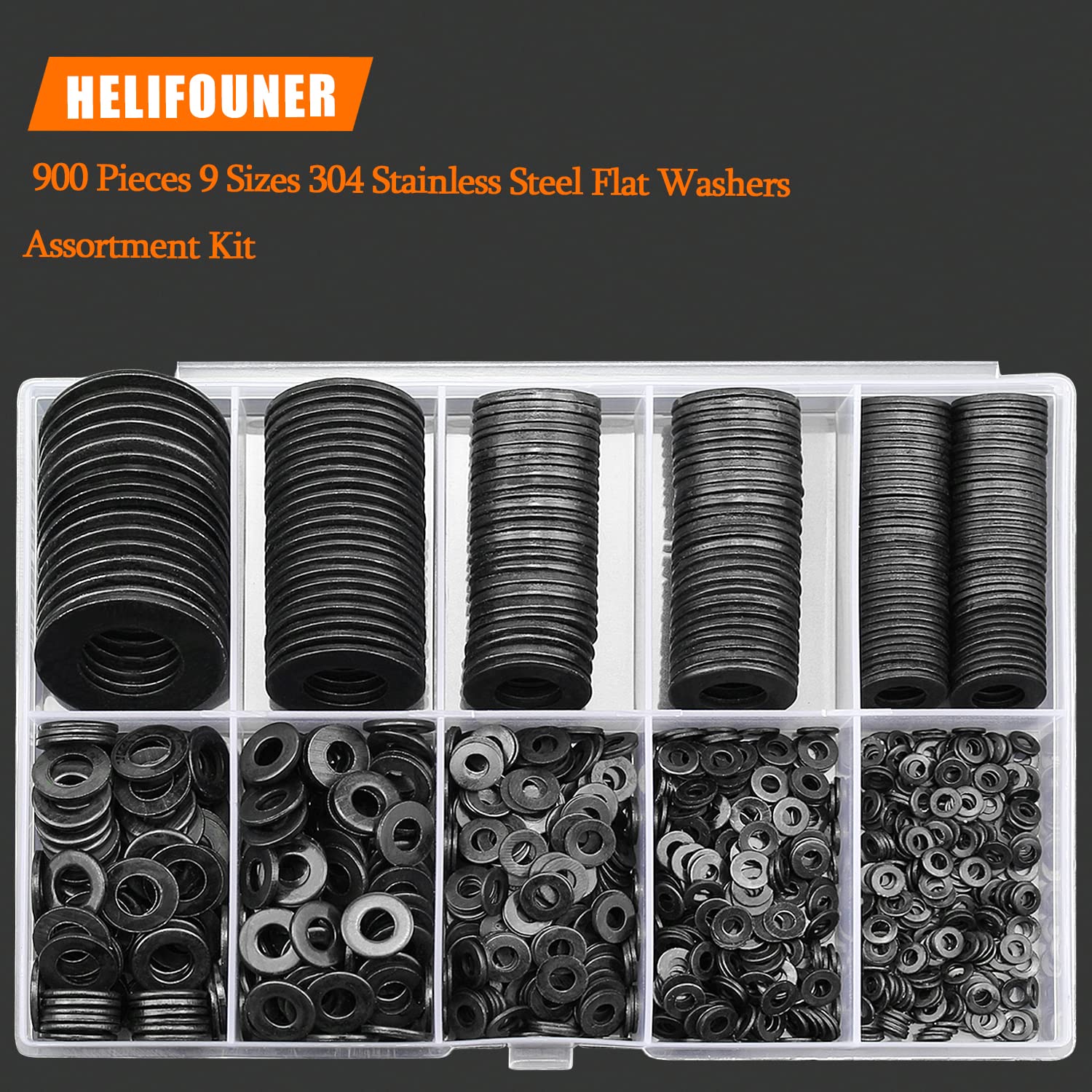 900 Pieces Black Zinc, HELIFOUNER Flat Washers Assorted Kit, Flat Washers, Metric Washers, Lock Metal Washers (M2 M2.5 M3 M4 M5 M6 M8 M10 M12)