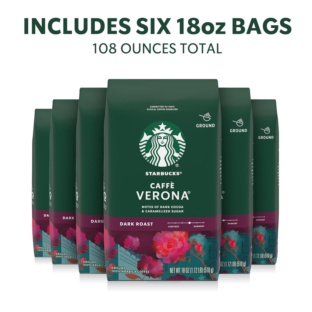 Starbucks Ground Coffee - Dark Roast Caffè Verona for Hot or Iced Coffee | Six 18 oz Bags