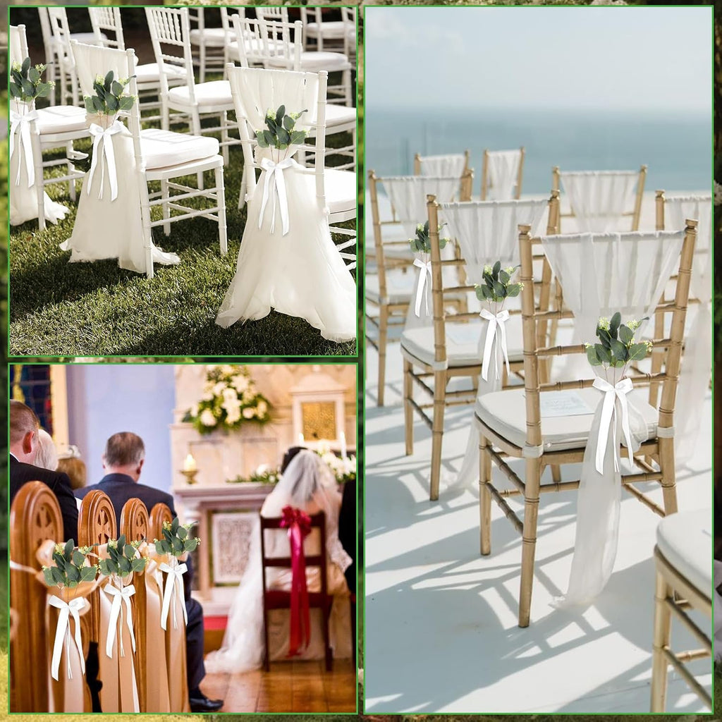 Regine Switzerland Wedding Aisle Decorations - 24 Sets of Elegant White Ribbon Bows with Eucalyptus Stems for Ceremony and Chair Sashes