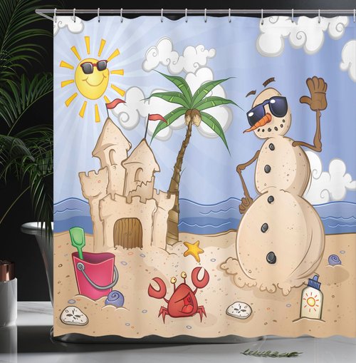 Ambesonne Cartoon Shower Curtain, Sand Snowman Castle Crab Seashell on Tropical Beach Enjoying Sun Cartoon Print, Cloth Fabric Bathroom Decor Set with Hooks, 69" W x 75" L, Sand Green