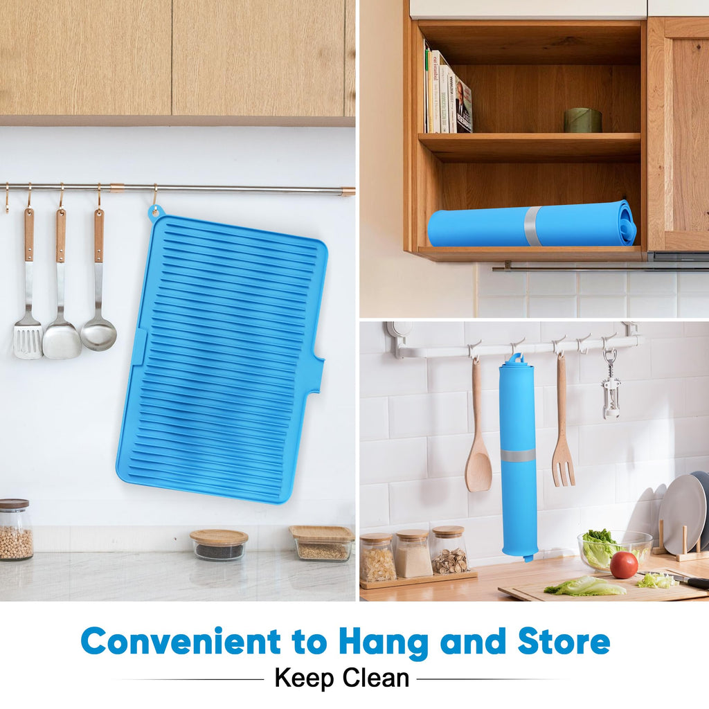 Silicone Dish Drying Mat for Kitchen Counter, Non-slip Surface and Heat-resistant Food Grade Kitchen Counter Protector with Drain Lip, Easy Clean and Storage for Multiple Usage, 23*17 inch Large Size