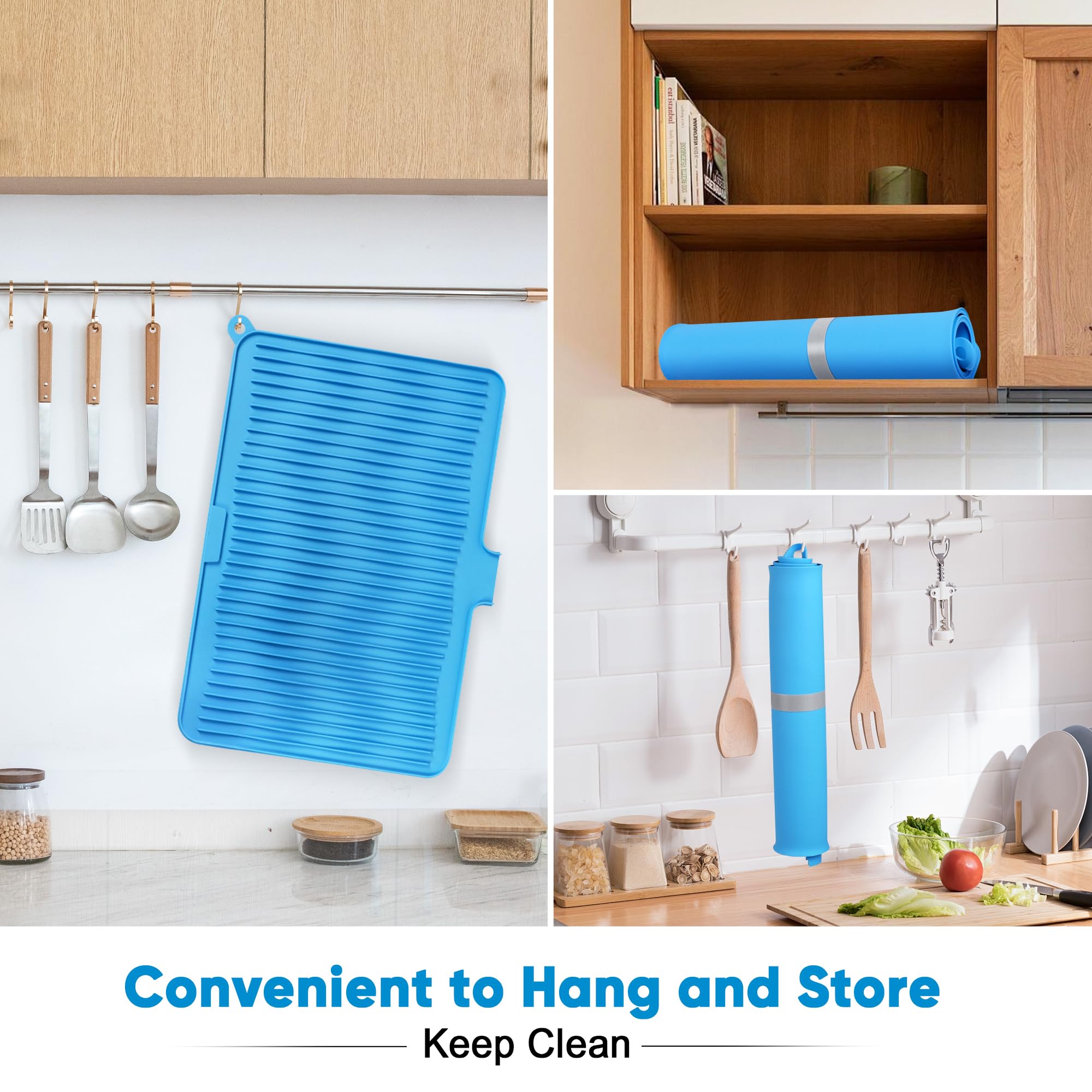 Silicone Dish Drying Mat for Kitchen Counter, Non-slip Surface and Heat-resistant Food Grade Kitchen Counter Protector with Drain Lip, Easy Clean and Storage for Multiple Usage, 23*17 inch Large Size
