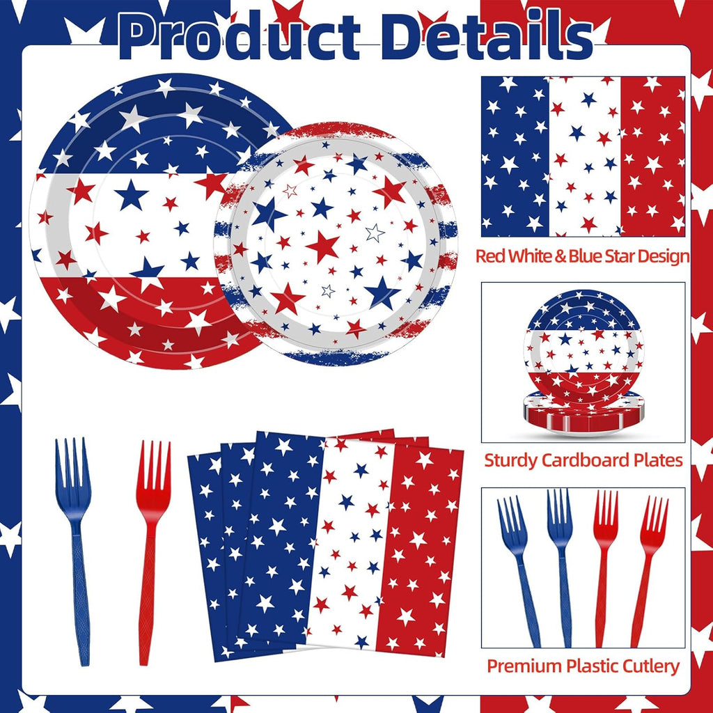 Regine Switzerland 100 Pcs Patriotic Party Supplies Set - Disposable Red, White & Blue Tableware for 25 Guests | Perfect for 4th of July & Memorial Day Celebrations