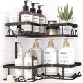 Sakugi Corner Shower Caddy - Rustproof Stainless Steel Organizers with 8 Hooks | No-Drill, Space-Saving, Black, 2 Pack