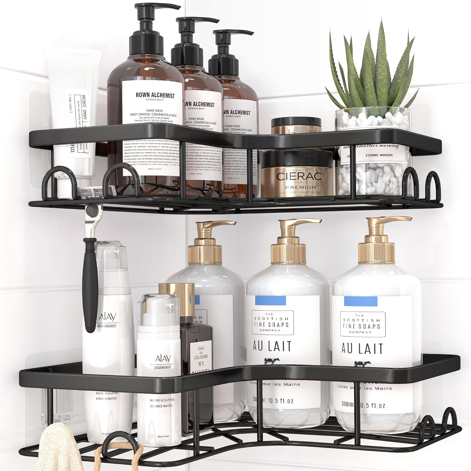Sakugi Corner Shower Caddy - Rustproof Stainless Steel Organizers with 8 Hooks | No-Drill, Space-Saving, Black, 2 Pack