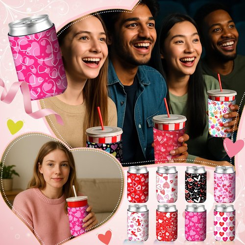 Tiamon 12 Pcs Valentines Day Can Coolers Sleeves Colorful Love Coolers Neoprene Drink Holders for 12 oz Beer Beverage Bottle Holiday Wedding Anniversary Party