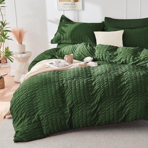 HYMOKEGE California King Comforter Set - Dark Green Seersucker 7-Piece Luxury Bedding Set