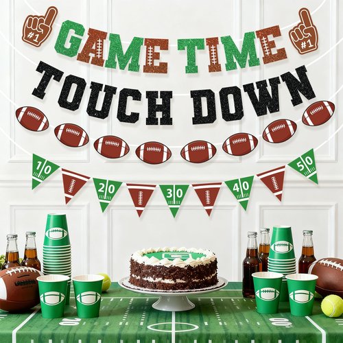 Football Decorations Game Time Touch Down Pre-Strung Football Banner Sports Party Favors Supplies for Indoor Home Birthday Flags