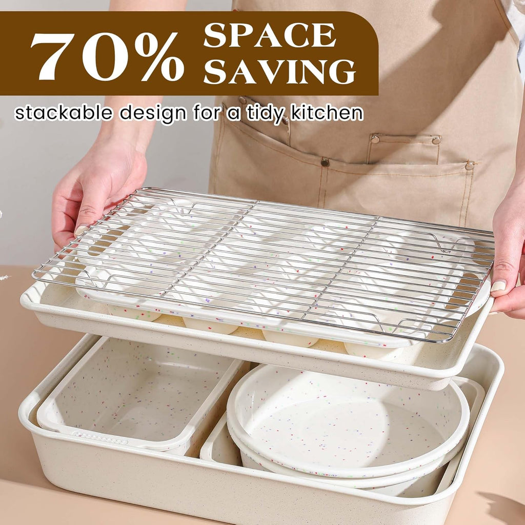 Skiennix 8-Piece Silicone Baking Pans Set - Nonstick Stackable Carbon Steel with Metal Reinforced Frame (Cream)