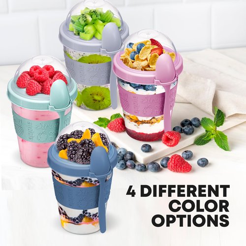 Tribello 4 Pack - On the Go Yogurt Parfait Cups with Lids, Topping Compartment & Spoon, Yogurt/Parfait Cups for Breakfast Meal Prep, Reusable Leak Proof Container - BPA Free - 20oz - Colorfull