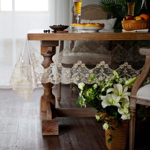 ARTABLE Vinyl PVC Rectangle Tablecloth Waterproof Clear Table Cover with Champagne Lace Macrame Border for Wedding Kitchen Home Outdoor Indoor Holidays Party Decor (Gold, 60 x 120 Inch)