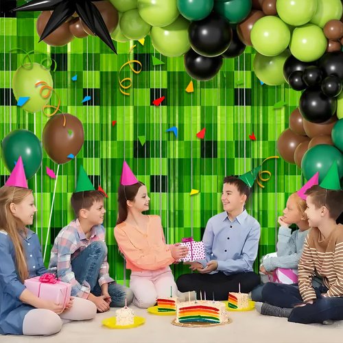 PIONUX 2 Pack Green Foil Fringe Curtains Pixel Birthday Backdrop, 3.2x6.6ft Video Game Door Streamers for Boys Gaming Birthday Party Decorations Supplies Favors