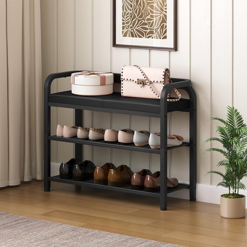 YATINEY Shoe Bench with Backrest, Entryway Bench, 2-Tier Shoe Rack with PU Padded Seat, Upholstered Shoe Storage Bench with Back, for Hallway, Entryway, Foyer, Bedroom, Black HX04BB