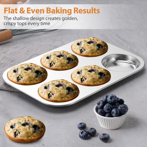 E-far Muffin Top Pan Set of 2, Stainless Steel 6-Cavity Shallow Cupcake Pan for Baking Whoopie Pie, Yorkshire Pudding, Eggs, Cornbread, Drop Cookies, Non-toxic & Standard Size, Oven & Dishwasher Safe