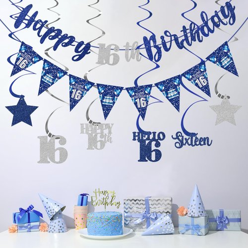Blue Silver 16th Birthday Decorations for Boys Girls, Happy 16th Birthday Banner Stars Sixteen Hanging Swirls Hello 16 Bday Decor Party Supplies Sign