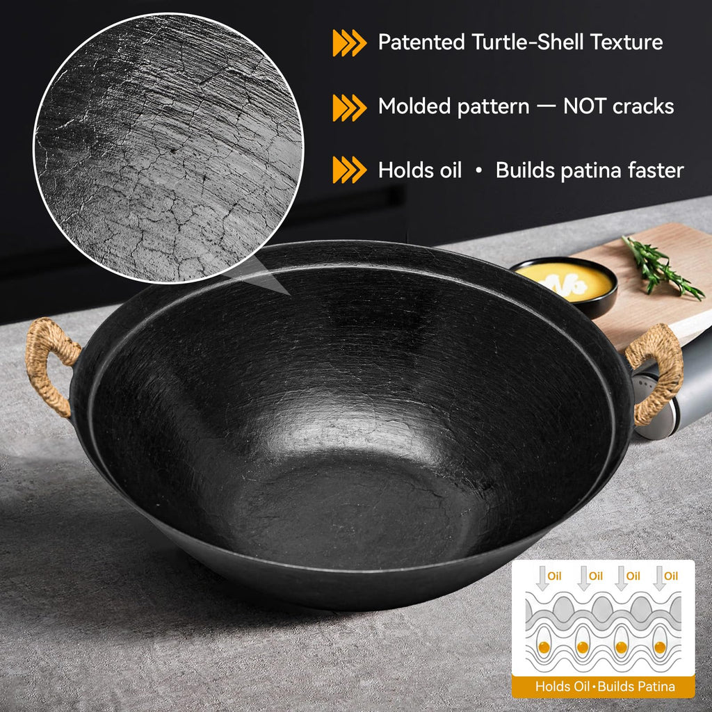 WANGYUANJI Cast Iron Wok Pan 14.9 inch Large SUGUO Wok Stir Fry Pan Flat Bottom with Dual Handle and Wooden Lid, Suitable for All Cooktops, Uncoated Chinese Traditional Wok