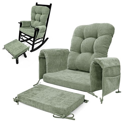 Glyzia 5 PCS Glider Rocker Replacement Cushions with Storage Side Pocket, Luxuriy Chenille Fabric Foam & Microfiber Filling, Thickened & Supportive Rocking Chair Cushion Set, Light Green
