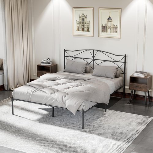 VECELO Queen Size Bed Frame, Metal Bed Platform with Headboard, Sturdy Steel Slats Support, No Box Spring Needed/Noise-Free,Easy Assembly, Dark Black