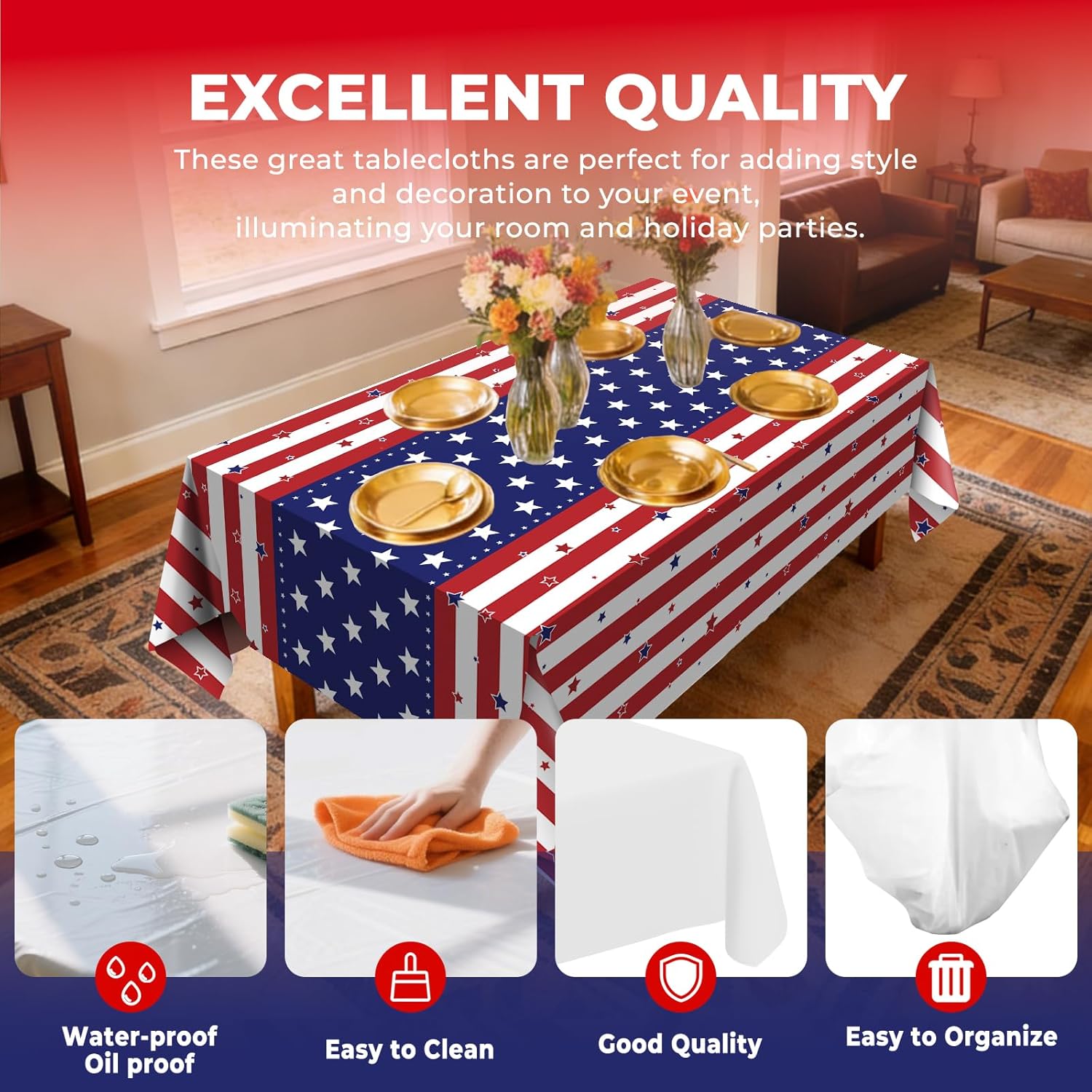 Skiennix 6 Pack Disposable Plastic Tablecloths - Patriotic American Flag Design, 54" x 108" for Memorial Day Celebrations
