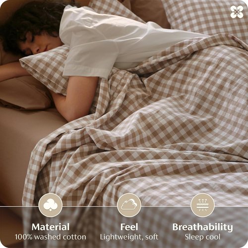 Bedsure 100% Washed Cotton Percale Sheets - Soft Gingham 6-Piece Set, Queen Size with 18" Deep Pocket (Brown)