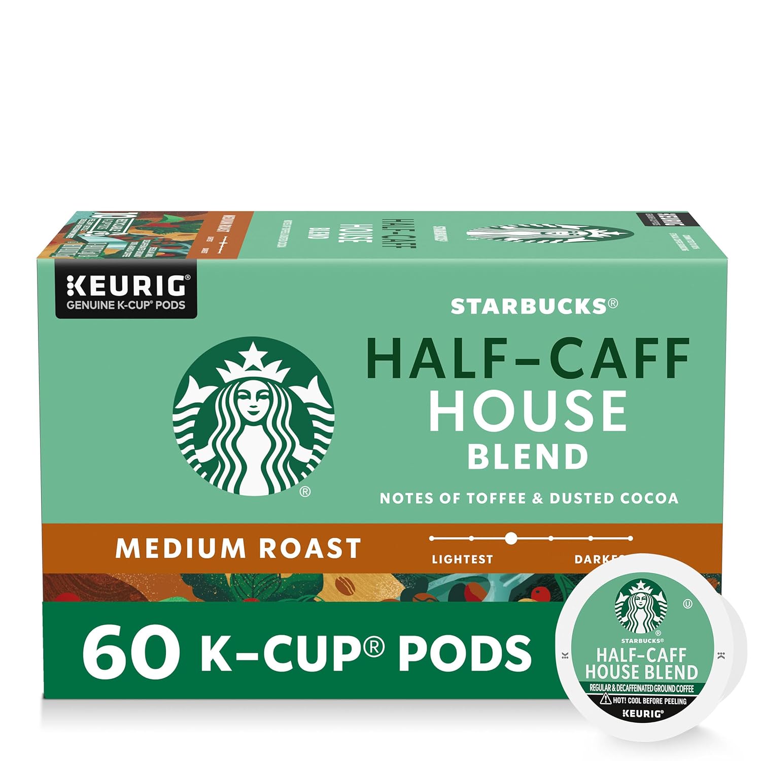 Starbucks K-Cup Coffee Pods - Medium Roast Half-Caff House Blend for Hot or Iced Coffee | 60 Pods