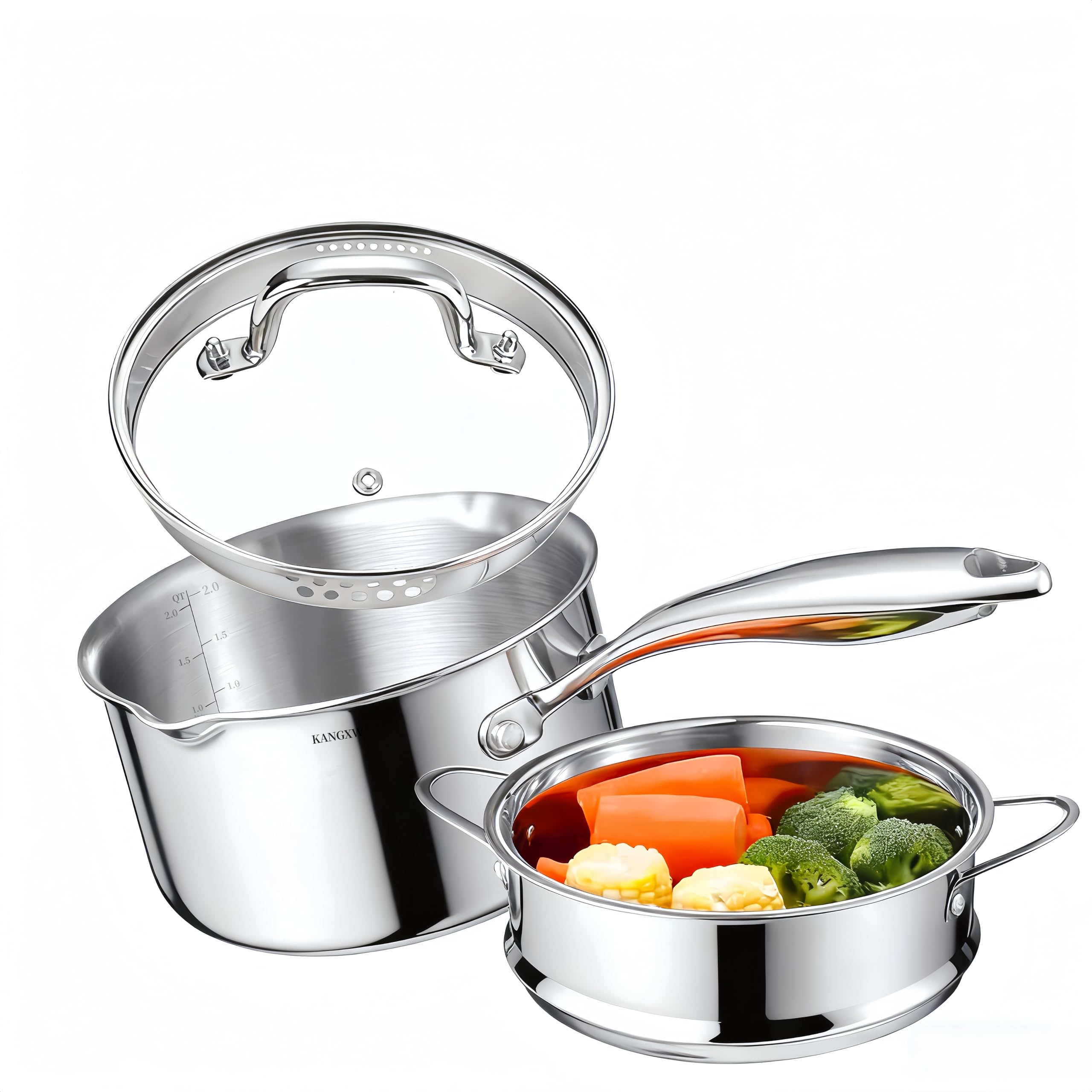 KANGXW 2.0 Quart Stainless Steel Saucepan With steamer,With Pour Spout and Filter Glass Lid Milk Pan, Sauce, Gravy, Pasta Stock Pot For All Stovetops