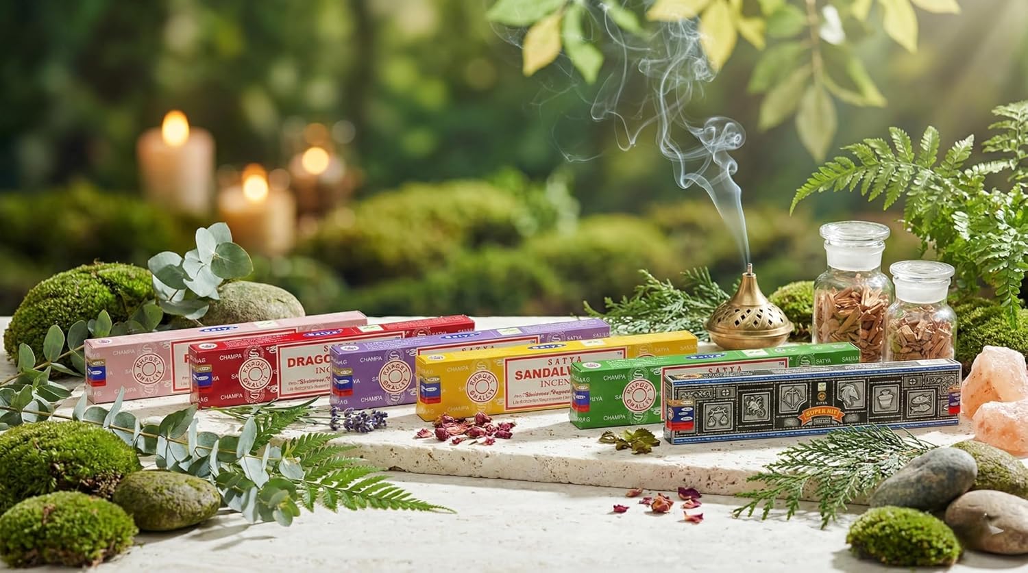 Satya Incense Gift Set - Nag Champa, Dragon's Blood, Sandalwood & Lavender | 15g for Positive Vibes