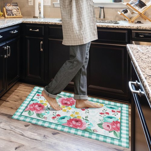 Mofvugz Red Teal Floral Kitchen Rugs and Mats Non-Skid Washable for Floor, Floral Teal Kitchen Decor and Accessories Kitchen Mat Set of 3, 17"x30"+17"x47"+17"x59"