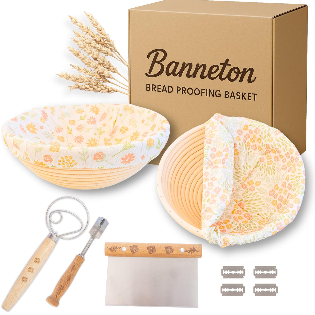 Joyallia Banneton Bread Proofing Basket Set of 2-9” Oval Sourdough Baskets with Liners & Scraper - Artisan Bread Proofing Kit for Home Baking - Ideal for Sourdough Lovers